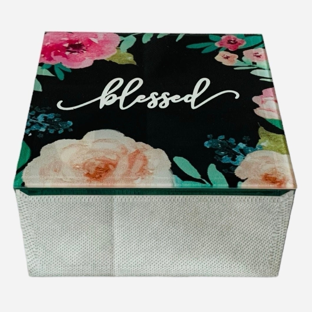 Blessed Floral Mirrored Jewelry Box 4.75" Square Keepsake Trinket Storage VG - Picture 2 of 6